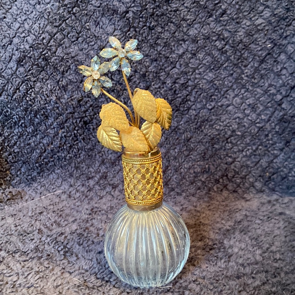 Vintage Perfume Bottle Blue Glass Filigree with Rhinestone Flower